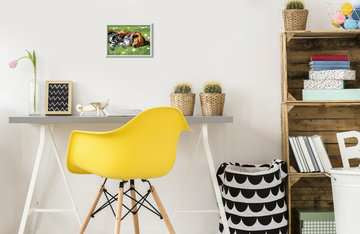 A whimsical CreArt Sleeping Cat and Dog Paint by Number DIY kit displayed in a stylish home office environment. The framed artwork features a serene illustration of a sleeping cat and dog nestled together on a vibrant green background, surrounded by decorative potted plants and a yellow chair. The modern decor complements the playful and artistic theme of the kit, perfect for cat and dog lovers.