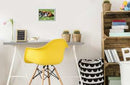 A whimsical CreArt Sleeping Cat and Dog Paint by Number DIY kit displayed in a stylish home office environment. The framed artwork features a serene illustration of a sleeping cat and dog nestled together on a vibrant green background, surrounded by decorative potted plants and a yellow chair. The modern decor complements the playful and artistic theme of the kit, perfect for cat and dog lovers.