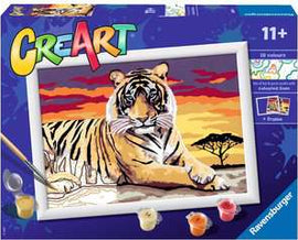 CreArt Majestic Tiger DIY art kit featuring a vibrant image of a tiger against a sunset background. Includes paints and canvas for personalized artistry. Suitable for ages 11 and up.