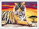The CreArt Majestic Tiger is a DIY art kit featuring a vibrant painting of a majestic tiger against a colorful sunset. The tiger, illustrated in bold strokes, is positioned gracefully with intense eyes on a soft landscape, complete with a silhouetted tree.