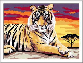 The CreArt Majestic Tiger is a DIY art kit featuring a vibrant painting of a majestic tiger against a colorful sunset. The tiger, illustrated in bold strokes, is positioned gracefully with intense eyes on a soft landscape, complete with a silhouetted tree.
