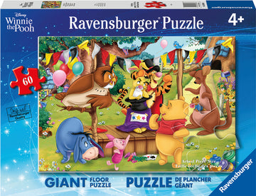 Colorful Magic Show 60-piece floor jigsaw puzzle featuring beloved Disney characters from Winnie the Pooh, including Eeyore and Tigger, performing and celebrating in a festive setting. Ideal for children 4 and up, promoting cognitive skills and teamwork.