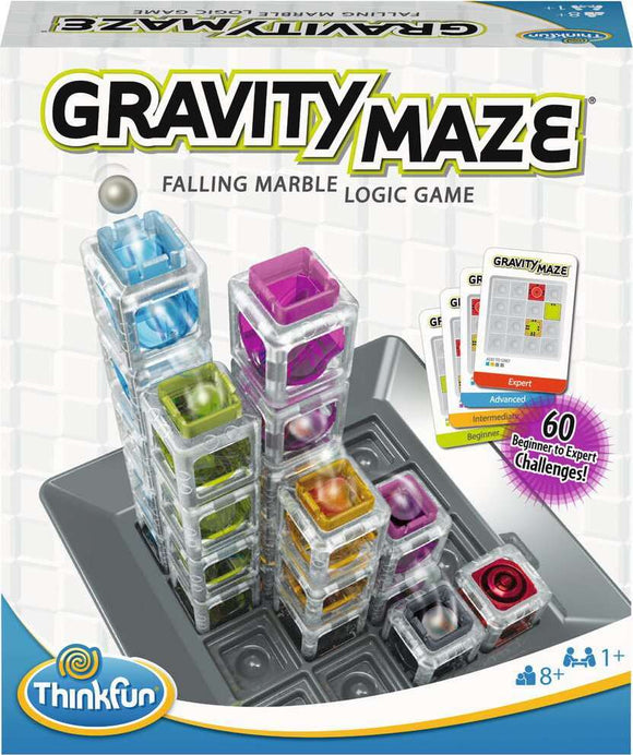 Gravity Maze - 2014 edition by ThinkFun is a mechanical logic game featuring colorful towers and a transparent game board. It includes 60 challenge cards ranging from beginner to expert levels, inviting players to explore gravity and logic by guiding a marble through a maze of stacking blocks. Ideal for ages 8 and up, it promotes critical thinking, problem-solving, and spatial reasoning skills.