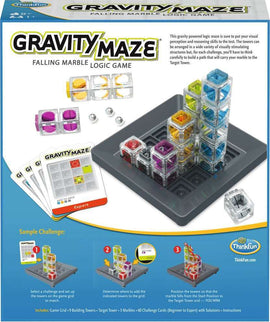 Gravity Maze 2014 edition by ThinkFun is a gravity-powered mechanical puzzle that challenges visual perception and reasoning skills. The game includes a game grid, 9 building towers, a target tower, 3 marbles, and 60 challenge cards, allowing players to create complex paths for marbles to navigate from the start position to the target tower. The set features colorful transparent blocks that can be arranged in various configurations, providing an engaging puzzle-solving experience for ages 8 and up.