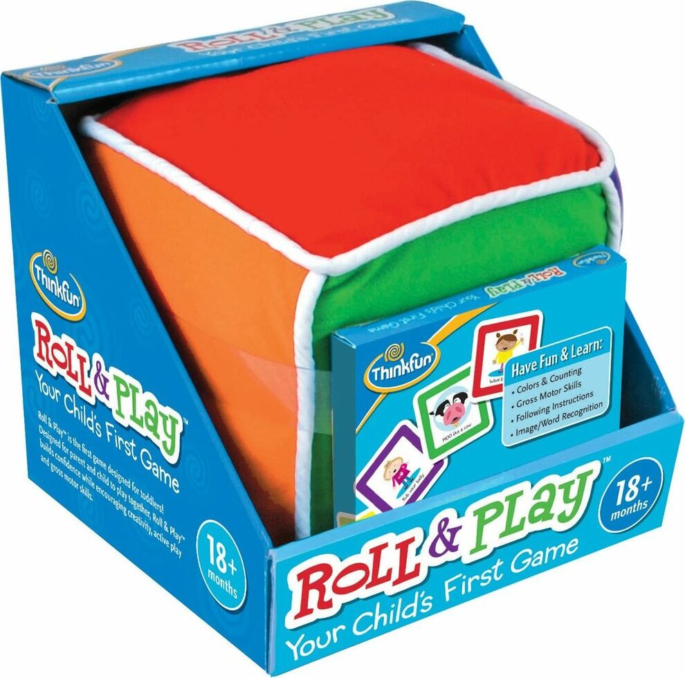 The Roll and Play game by Thinkfun is designed for children aged 18 months and older. It features a colorful, plush cube with vibrant green, orange, and red sides, alongside a box displaying educational cards. The product promotes learning through play, focusing on colors, counting, and gross motor skills. Its packaging highlights the fun and interactive nature of the game for early development.