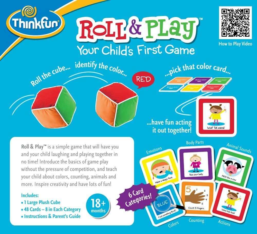 Roll and Play by Thinkfun is a vibrant and engaging game designed for children aged 18 months and up. The image shows a large plush cube in bright colors next to colorful cards representing different activities, including body parts, emotions, counting, colors, animal sounds, and actions. This activity encourages interactive play and creativity as children roll the cube, identify colors, and engage in fun actions together.