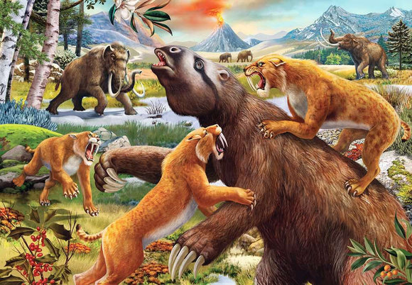 A vibrant jigsaw puzzle featuring prehistoric wildlife, including two saber-toothed cats attacking a large bear in a lush landscape. In the background, a woolly mammoth can be seen along with mountains and a volcano, adding to the dramatic scene filled with colorful flora.