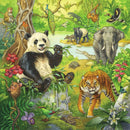 A vibrant jigsaw puzzle titled 'Jungle Fun' featuring a panda eating bamboo, a tiger, an elephant, and various other jungle animals and plants. The background is lush with greenery, colorful flowers, and a serene water body, creating a lively jungle scene. The playful arrangement of animals like monkeys, peacocks, and turtles adds to the enchanting atmosphere of the puzzle.