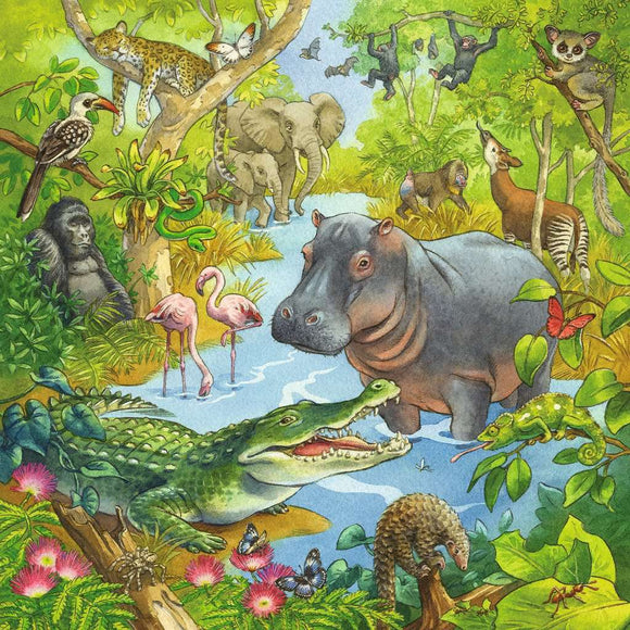 A vibrant jigsaw puzzle titled "Jungle Fun" featuring a dynamic jungle scene filled with various animals, including a hippopotamus, elephants, crocodiles, flamingos, and a gorilla. The artwork showcases lush greenery, a flowing river, and colorful butterflies, capturing the lively essence of the jungle environment.