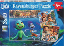 Luca's Adventures jigsaw puzzle by Ravensburger featuring characters from the Disney Pixar film 'Luca.' The puzzle shows vibrant scenes, including Luca and his friends by the water and scenic Italian landscapes. Suitable for ages 5 and up, it includes 49 pieces, highlighting the joy of exploration and friendship.