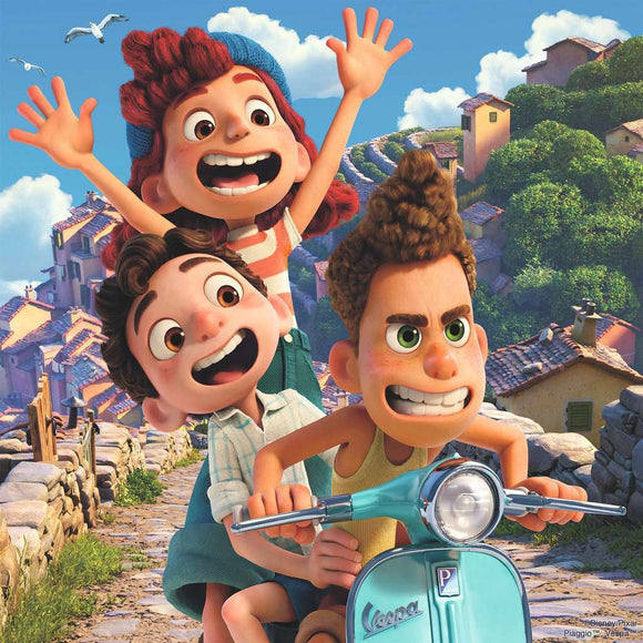 A vibrant and colorful jigsaw puzzle featuring animated characters from 'Luca's Adventures,' made by Ravensburger. The puzzle showcases a joyful scene with three friends on a Vespa, surrounded by a sunlit coastal village setting, ideal for family fun and creativity.
