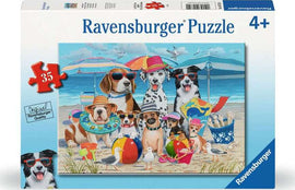 Ravensburger Beach Buddies 35-piece jigsaw puzzle featuring a colorful and whimsical beach scene with playful dogs wearing summer accessories such as sunglasses and hats. The puzzle depicts a variety of dog breeds enjoying a day at the beach, surrounded by beach toys and umbrellas, designed for children aged 4 and up.