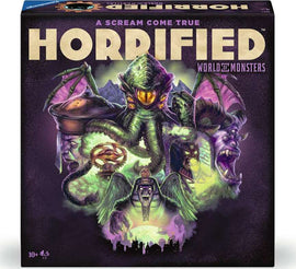 Horrified: World of Monsters board game by Ravensburger featuring an intricate design of iconic monsters including a Cthulhu-like creature, a pharaoh mummy, and a vampire, showcasing vibrant colors and spooky imagery. Perfect for game nights with friends or family.
