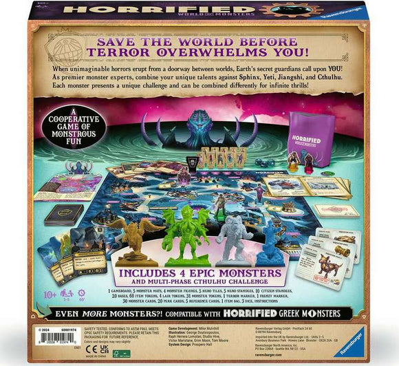 The back of the Horrified World of Monsters game box displays a vibrant illustration of the game setup, featuring a detailed game board, monster figures like Sphinx and Cthulhu, cards, tokens, and instructions. It emphasizes the cooperative nature of the game, where players work together against legendary monsters to save the world from terror. The mystical design includes colorful elements, appealing to fans of monster and horror themes.