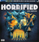 Horrified Greek Monsters game box by Think Fun, featuring vibrant artwork of Greek mythology characters like Medusa and Minotaur. The title 'Horrified' is prominently displayed, with a scene depicting heroes confronting various monsters in front of an ancient temple. The game is designed for ages 10 and up, accommodating 1 to 5 players.