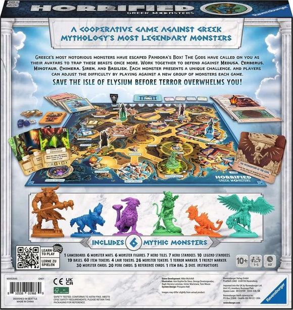 The Horrified Greek Monsters game by Think Fun features a detailed game board and various character figures representing legendary Greek monsters. Players collaborate to defeat iconic creatures like Medusa and Cerberus. The vibrant components include monster mats, hero stands, and tokens, designed for ages 10 and up. The artwork showcases a rich mythological theme, perfect for strategy and cooperative gameplay.