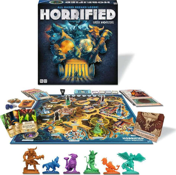 The Horrified Greek Monsters game by Think Fun. The box shows intricate artwork with Greek monsters and gods. The game board is vibrant, featuring locations from Greek mythology with colorful monster figures in various poses, player components like cards and dice, and an overview of the game setup.