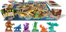 A colorful game set featuring the 'Horrified Greek Monsters' board game by Think Fun. The game includes a large game board depicting Greek landscapes, several monster figurines in vibrant colors, player cards, dice, and adventure tokens laid out ready to play. Notable monsters include a minotaur, a gorgon, and other mythical creatures, all set against a backdrop of ancient architecture and landscapes.