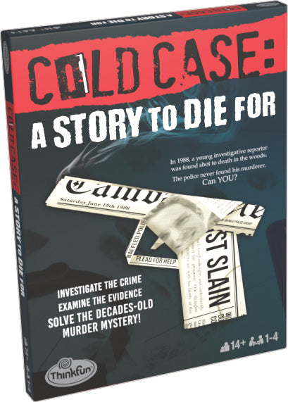 Cold Case - A Story to Die For game by ThinkFun. The box art features a newspaper headline and evidence related to a historical murder case, inviting players to investigate and solve the decades-old mystery set in 1980. Designed for 1-4 players aged 14 and up.
