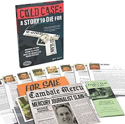 The game 'Cold Case - A Story to Die For' by ThinkFun features a dramatic box cover with large red letters and a magnifying glass image. The game includes various components scattered around, such as newspaper clippings, case files, and evidence cards designed to help players solve a mystery. Perfect for detectives at heart, this engaging game challenges players to investigate and piece together clues to uncover the truth behind the decades-old cold case.