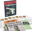 The game 'Cold Case - A Story to Die For' by ThinkFun features a dramatic box cover with large red letters and a magnifying glass image. The game includes various components scattered around, such as newspaper clippings, case files, and evidence cards designed to help players solve a mystery. Perfect for detectives at heart, this engaging game challenges players to investigate and piece together clues to uncover the truth behind the decades-old cold case.