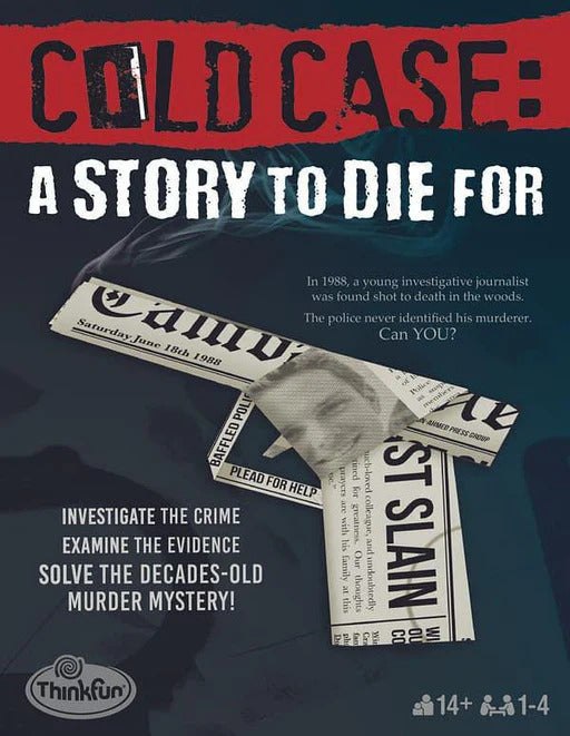 Cold Case - A Story to Die For game by ThinkFun. The game box features a dark background with newspaper clippings and text highlighting a 1988 murder mystery. Players investigate the crime, examine evidence, and attempt to solve the case of a young investigative journalist found dead in the woods.