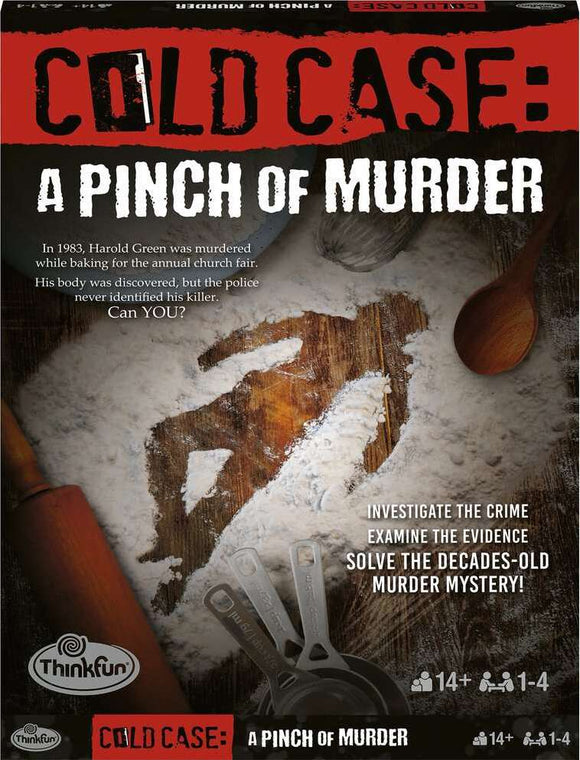 The product packaging for Cold Case - A Pinch of Murder by ThinkFun. The design features a dark background with the title in bold red and white letters. Below the title, a crime scene theme is depicted with baking utensils like a rolling pin and measuring spoons placed on a dusty surface. The text invites players to investigate a murder mystery that occurred in 1983, aimed at engaging players aged 14 and up, suitable for 1 to 4 players.
