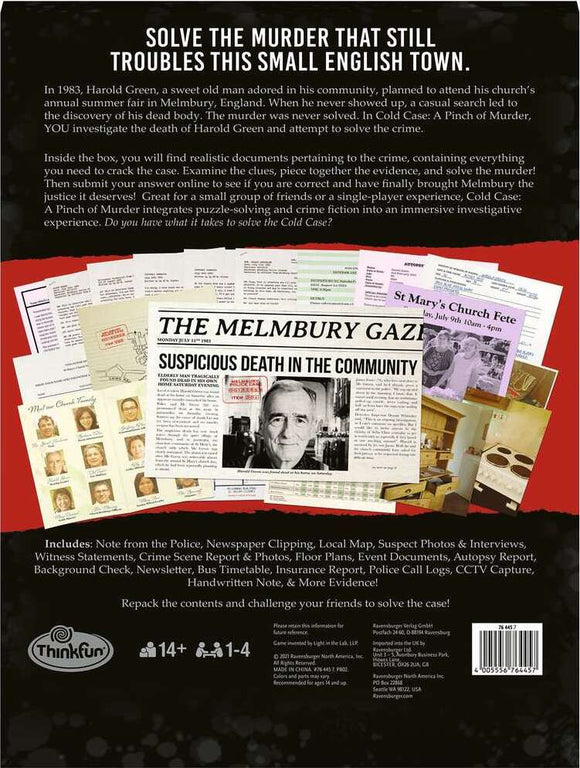 Cold Case - A Pinch of Murder game from ThinkFun. The game invites players to solve the mystery of Harold Green's murder in Melbury, England. Includes realistic documents such as police notes, witness statements, and various evidence pieces. Suitable for 1-4 players aged 14 and up, it promotes puzzle-solving skills and immersive crime investigation gameplay.