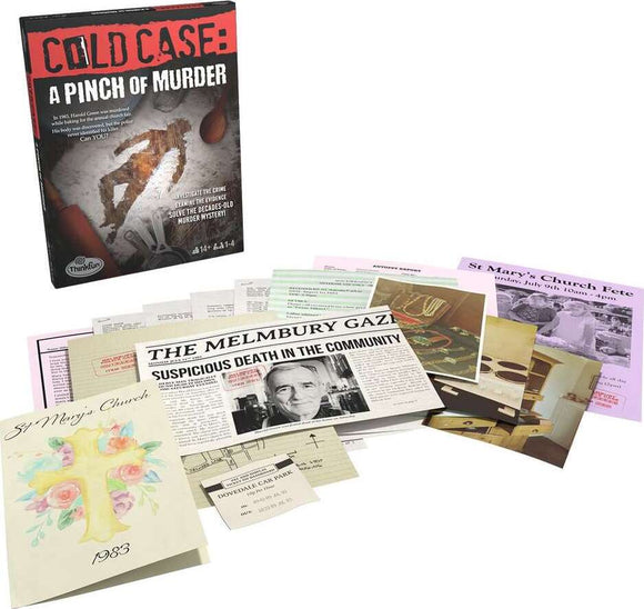 A game titled 'Cold Case - A Pinch of Murder' by ThinkFun. The box features intriguing graphics related to a murder mystery. Surrounding the box are various game components, including newspaper clippings and documents that suggest a narrative of crime, investigation, and evidence gathering, inviting players to solve the decades-old mystery.