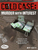 Cold Case: Murder with Interest game by ThinkFun, featuring an investigation theme where players examine clues and evidence to solve a 2003 murder mystery involving bank employees. The visual includes a depiction of a safe deposit box filled with fake currency and a pearl necklace, emphasizing a thrilling detective storyline suitable for 1 to 4 players aged 14 and up.