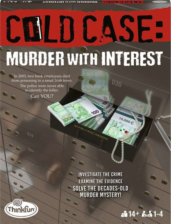 Cold Case: Murder with Interest game by ThinkFun, featuring an investigation theme where players examine clues and evidence to solve a 2003 murder mystery involving bank employees. The visual includes a depiction of a safe deposit box filled with fake currency and a pearl necklace, emphasizing a thrilling detective storyline suitable for 1 to 4 players aged 14 and up.