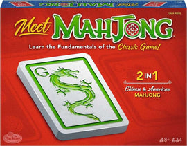 Meet Mahjong by ThinkFun, featuring a vibrant red background with the title in bold green letters. The image displays a Mahjong tile with a green dragon design, highlighting its 2-in-1 feature for Chinese and American Mahjong games. Suitable for ages 8 and up, accommodating 2 to 4 players.
