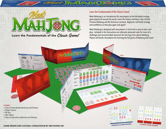 Meet Mahjong by ThinkFun, a mechanical puzzle designed for beginners. The image showcases the game’s components, including two sets of game boards (American and Chinese), player screens, tiles, and win tokens. The instructional elements provide players with the fundamentals and strategies of the classic tile-based game. The vibrant graphics and layout invite players to explore both versions of the game with ease.