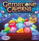 Gemstone Caverns game box from ThinkFun featuring vibrant artwork of colorful gemstones and dice. Suitable for ages 8 and up, for 2-4 players, emphasizing fun gameplay through rolling, sorting, and scoring.