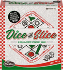 The packaging of the game 'Dice and Slice' by Think Fun, featuring colorful illustrations of ingredients like tomatoes and herbs on a pizza. The box showcases the title and instructions to roll the dice, cut your slice, and score big. It indicates that it's a roll & write strategy game suitable for 2 to 6 players aged 8 and up.