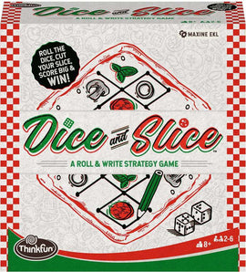 The packaging of the game 'Dice and Slice' by Think Fun, featuring colorful illustrations of ingredients like tomatoes and herbs on a pizza. The box showcases the title and instructions to roll the dice, cut your slice, and score big. It indicates that it's a roll & write strategy game suitable for 2 to 6 players aged 8 and up.