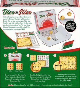 Dice and Slice board game by Think Fun, featuring a pizza theme. The box includes two custom dice, a pad with 200 scoresheets, six colored pencils, and an instruction booklet. Players roll the dice to slice their pizza and score points based on placement on their scoresheet. The game box conveniently transforms into a dice tower for easy rolling.