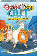 A vibrant game box for 'Goats Day Out' by Think Fun, featuring cartoon goats engaging in playful antics. The main goat proudly carries a round orange item in its mouth, while two other goats are in the background, contributing to a fun street market scene. The title and tagline 'Pick Your Shape and Eat It Too!' are prominently displayed, emphasizing the game's humorous and engaging nature, suitable for ages 8 and up, with play for 2-5 players.