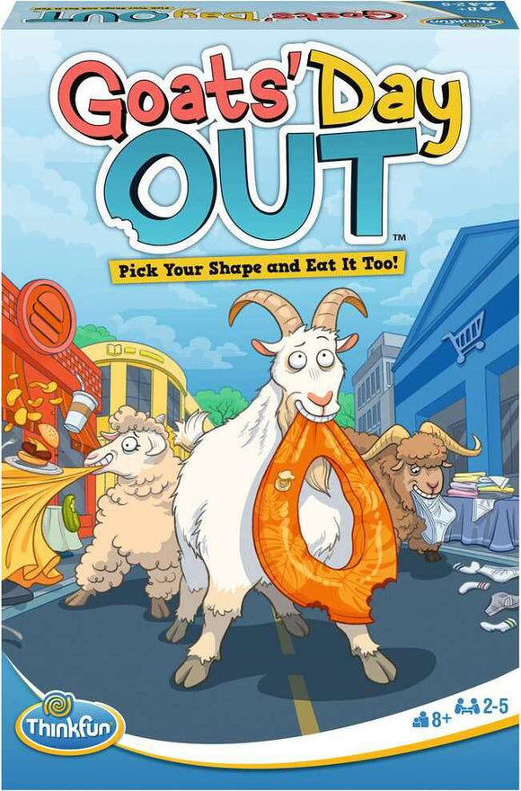 A vibrant game box for 'Goats Day Out' by Think Fun, featuring cartoon goats engaging in playful antics. The main goat proudly carries a round orange item in its mouth, while two other goats are in the background, contributing to a fun street market scene. The title and tagline 'Pick Your Shape and Eat It Too!' are prominently displayed, emphasizing the game's humorous and engaging nature, suitable for ages 8 and up, with play for 2-5 players.