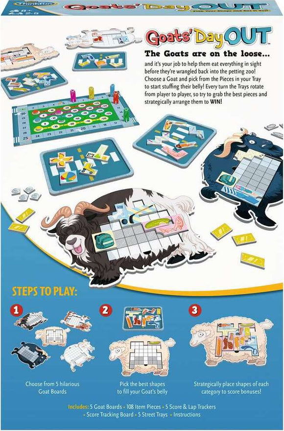 Goats Day Out game by Think Fun features colorful game pieces and goat-shaped boards. Players choose goats and fill them with various items, strategizing to score. The game includes 5 goat boards, 108 item pieces, and score trackers, encouraging laughter and fun for family game nights.