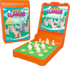 The Flip N' Play Leaping Llamas game by Think Fun features an orange case with a colorful lid displaying cartoon llamas. Inside, it includes a green board with white llama figures, and the game promises 40 logic challenges for players aged 8 and up.