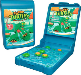 Flip N' Play Topsy Turtles by Think Fun. The product features a vibrant design with a turtle-themed logic game. The box opens to reveal a game board with colorful turtles, complete with instruction manual. Perfect for engaging young minds with 40 challenging puzzles focused on problem-solving and critical thinking.