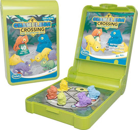 The Flip N' Play Chameleon Crossing is a colorful mechanical puzzle game by Think Fun. It features vibrant chameleon figurines in various colors, designed to challenge players with 40 different logic puzzles. The game comes in a bright green case that opens to reveal a rotating color wheel platform where players can position the chameleons. Ideal for ages 8 and up, this engaging game promotes critical thinking and problem-solving skills.