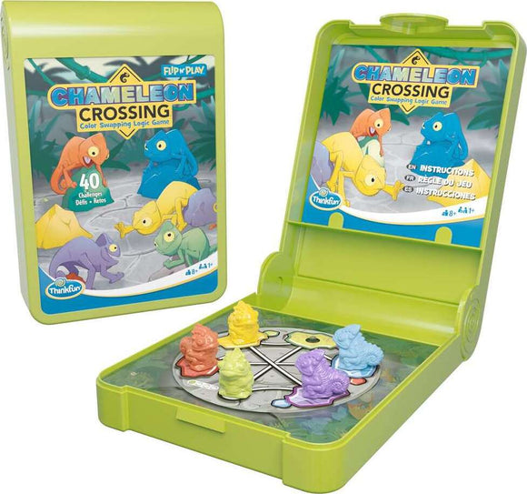 The Flip N' Play Chameleon Crossing is a colorful mechanical puzzle game by Think Fun. It features vibrant chameleon figurines in various colors, designed to challenge players with 40 different logic puzzles. The game comes in a bright green case that opens to reveal a rotating color wheel platform where players can position the chameleons. Ideal for ages 8 and up, this engaging game promotes critical thinking and problem-solving skills.