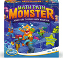 The Math Path Monster board game by ThinkFun features colorful illustrations on the box. The design shows adventurous characters climbing through a vibrant Math Mountain, accompanied by a friendly monster. Designed for 2-4 players aged 6 and up, this cooperative game encourages teamwork and math skills while navigating fun challenges.