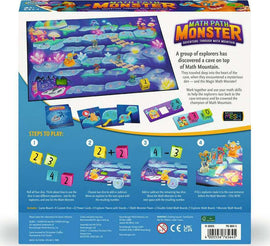 Math Path Monster game by ThinkFun, featuring a colorful game board with various pathways, dice for gameplay, and explorer pawns. Players work together to navigate through Math Mountain by using math skills to help explorers and avoid the Math Monster. The box shows steps to play and includes dice, explorer cards, and math boards.