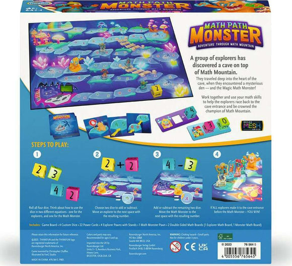 Math Path Monster game by ThinkFun, featuring a colorful game board with various pathways, dice for gameplay, and explorer pawns. Players work together to navigate through Math Mountain by using math skills to help explorers and avoid the Math Monster. The box shows steps to play and includes dice, explorer cards, and math boards.