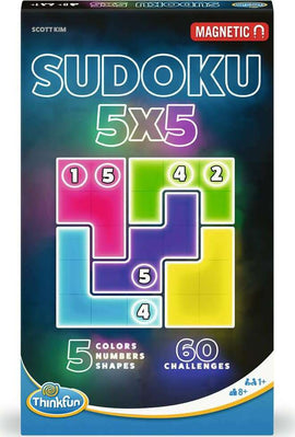 ThinkFun Sudoku 5x5 Mag Travel Puzzle featuring a colorful magnetic board with a grid designed for Sudoku gameplay. Includes five distinct colors and shapes across 60 challenging puzzles, suitable for ages 8 and up. Perfect for on-the-go entertainment.