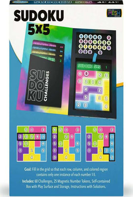 Sudoku 5x5 Mag Travel Puzzle by ThinkFun. Features a colorful design with a game board, magnetic number tokens, and a card for Sudoku challenges. Packaged in a self-contained box with instructions and solution guide, perfect for enhancing logic skills.