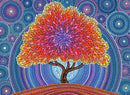 A vibrant jigsaw puzzle featuring a stylized Tree of Life with a colorful canopy composed of leaves in shades of orange, pink, and purple. The background is filled with swirling circular patterns in varying colors, creating a whimsical and enchanting atmosphere.